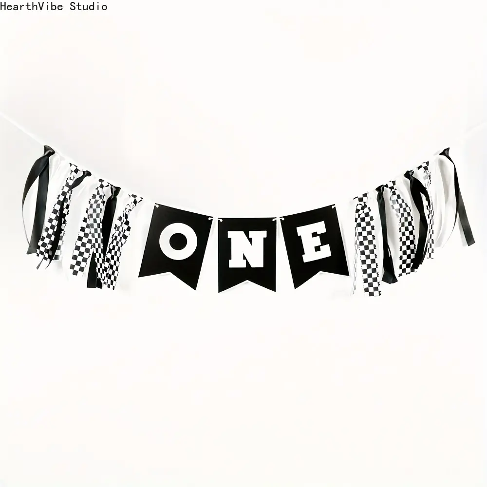 Black White Race Car Highchair Banner - Backdrop Banner, Hanging Decor, Party Background Decoration, Birthday Photo Prop, Cars Theme Party Supplies