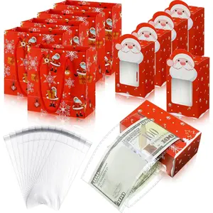 5 count Christmas  Box Santa's Dispenser Kit    Merry Pull  Pouch Boxs with 100 Transparent Seal Bags for Xmas Holiday Birthday Party Gifts