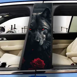 2 pieces of black wolf red rose dark car sticker - gothic skull rose design B pillar protective sticker, self-adhesive glossy weathering window wall decoration sticker, retro psychedelic aesthetic enhancement, gothic car decoration, Multipurpose Car Decal