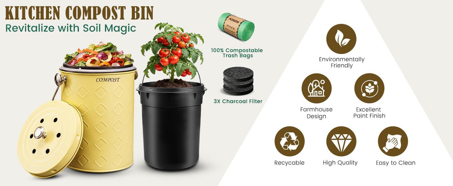 AOSION Countertop Compost Bin Kitchen,Odorless Indoor Compost Bin with Lid,Farmhouse Composter Container for Food Waste,Includes 2 Carbon Filters, Small Compost Bucket,Trash Bags (Modern, Yellow)