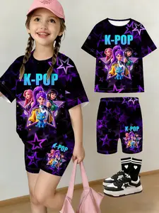 Summer Girls' Set Shoulder Short Sleeve Yoga Pants Two Piece Set, Summer Clothing Set, Base Star K-Pop Cartoon Print, Casual for Daily Wear