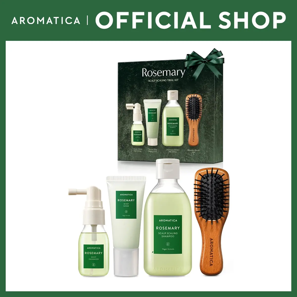 AROMATICA Rosemary Scalp Scaling Trial Kit - Travel Size Korean Hair Care Kit for Women with Mini Wooden Brush, Gentle Exfoliating Scalp Care for Hair Growth Product, with Rosemary Oil & Vegan Formula