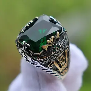 RINGLUX - Vintage Handmade Turkish Signet Rings for Man Silver Color Metal Carving Mystic Zircon Inlay Punk Motor Biker Ring Jewelry