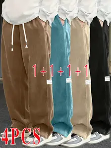 Pack of 4 Men's Classic Corduroy Joggers - Straight Leg, Full Length Casual Pants with Pockets, Durable Polyester Fiber, Comfortable for All Seasons, Casual Wear Classic Straight Leg Durable Fabric