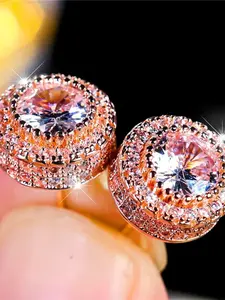 Luxury Female Synthetic Crystal White Round Zirconia Stud Earrings Vintage Rose Gold Color Wedding Fashion Jewelry For Women Artificial Zirconia Earrings Ear Studs