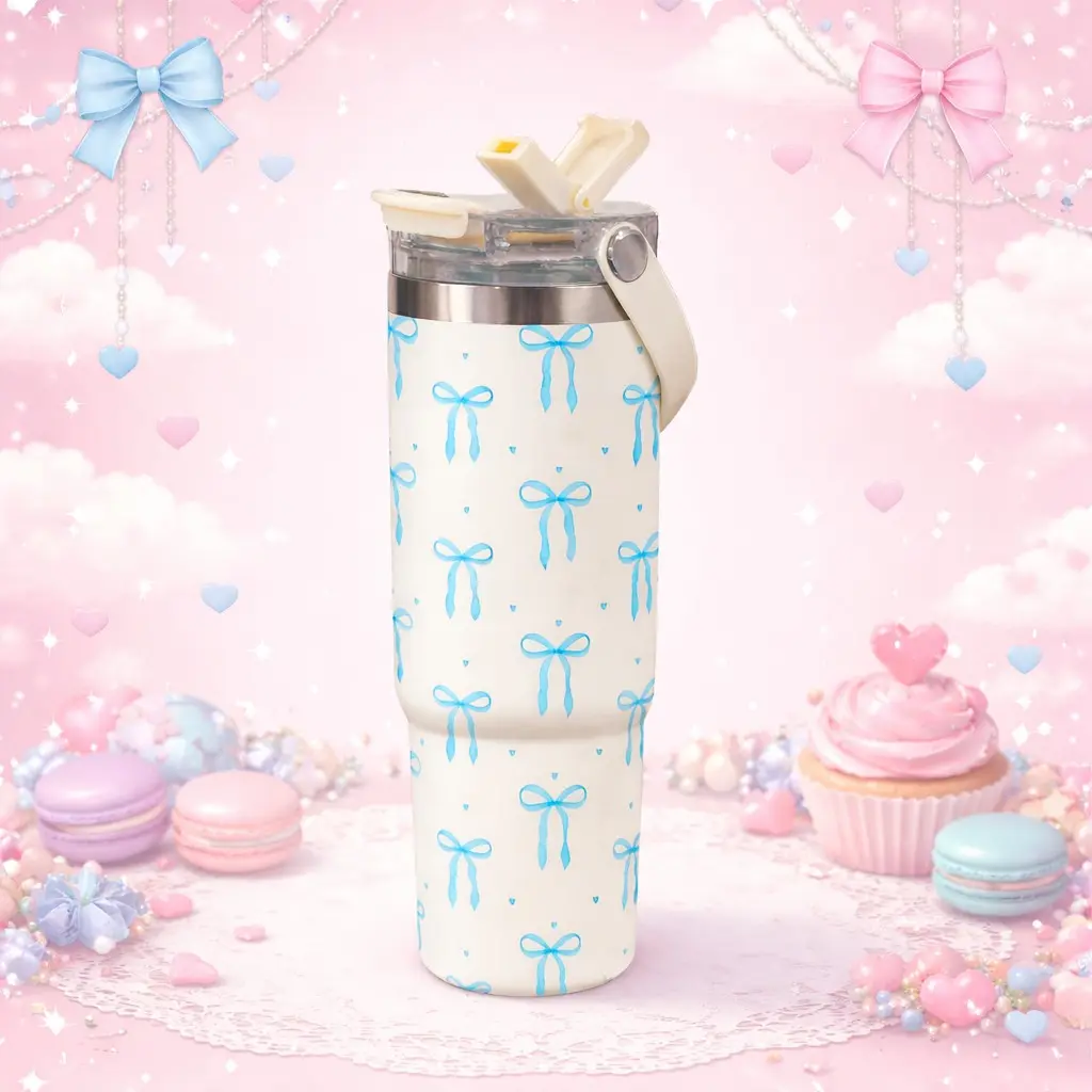 1 Pc 30oz Stainless Steel Insulated mug with handle and straw, Tumbler, Leakproof Insulated Tumbler, cream white design, double wall vacuum cup, leak-proof mug, keeps hot 12 hours and cold 24 hours, perfect for coffee tea, holiday gift