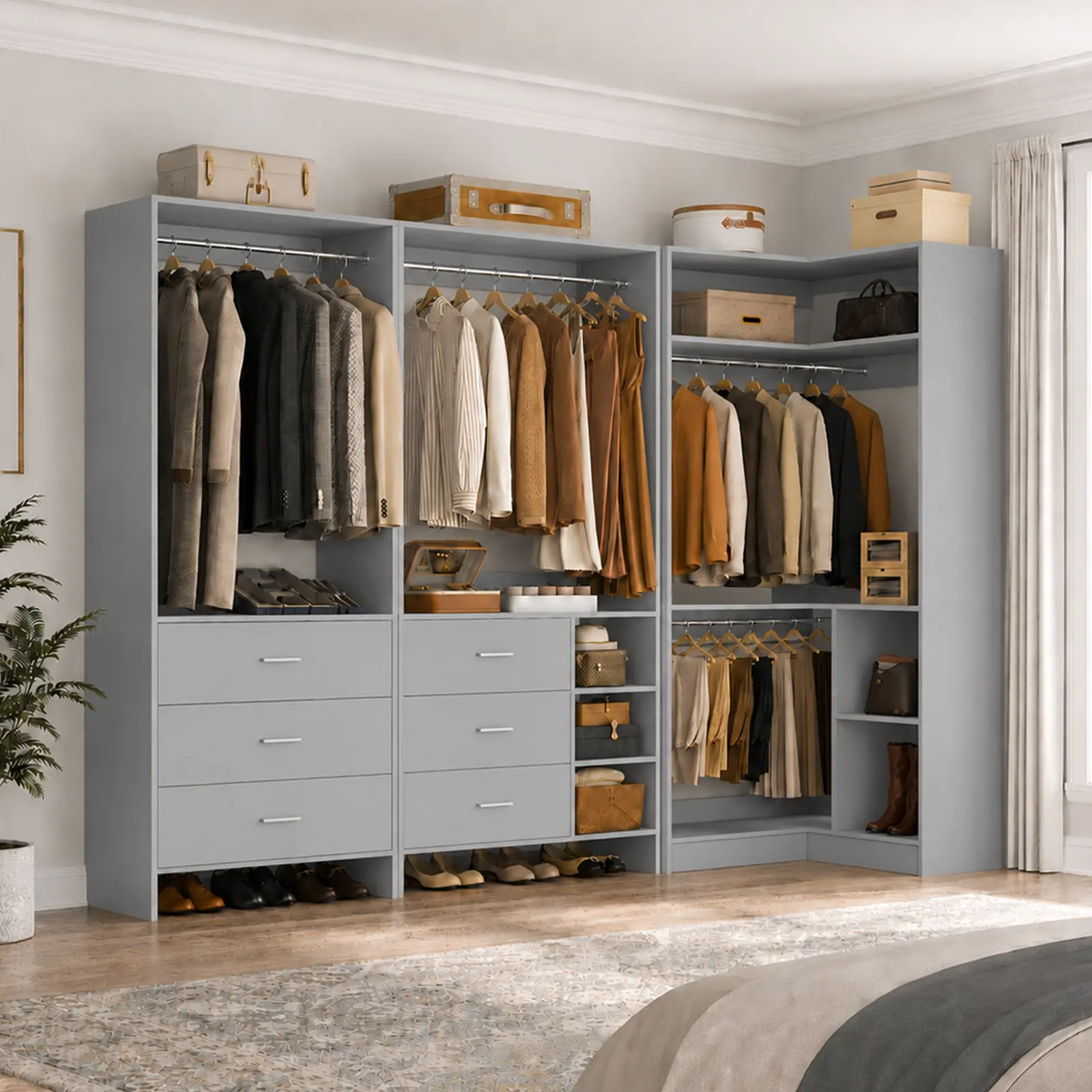 Grey Corner Closet System Set with Wooden Drawers ＆ Hanging Rods, Freestanding Modular Walk-in Closet Organizer System Wardrobe Armoire with display Shelves