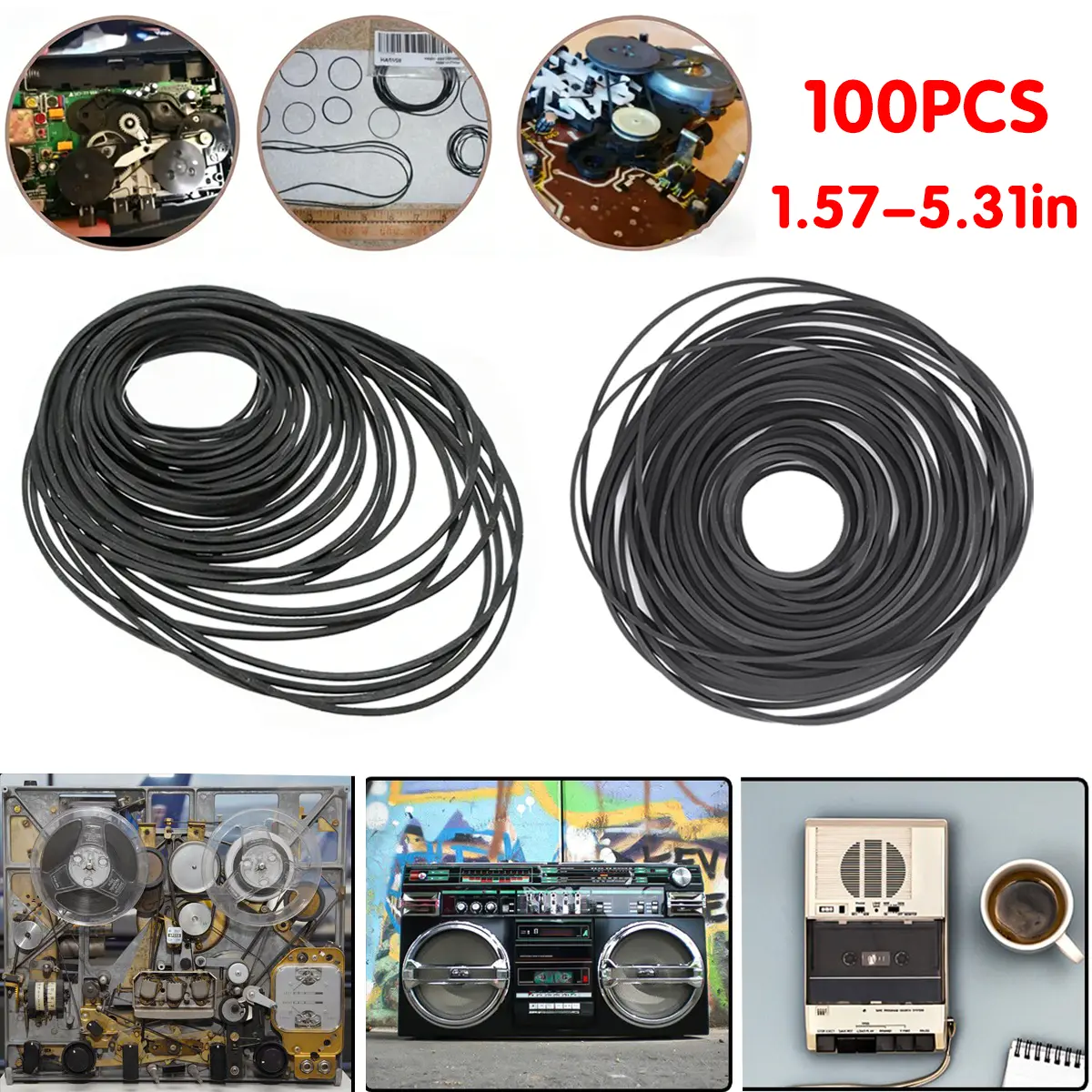 100 PCS Square Rubber Replacement Belts with Absorption, Strong Traction, Vibration Damp - Durable Premium Material Accessories for Cassette Player, DVD Drives Repair, Universal Fit, Recorder