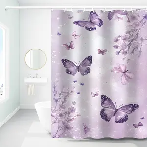 1pc Purple Butterfly Printed Shower Curtains with Plastic Hooks, Shower Curtain for Bathtub Bathroom,Suitable for Home and Hotel, Machine Washable Bathroom Decor,As Best Gifts for Friends, Bathroom Decoration Accessories