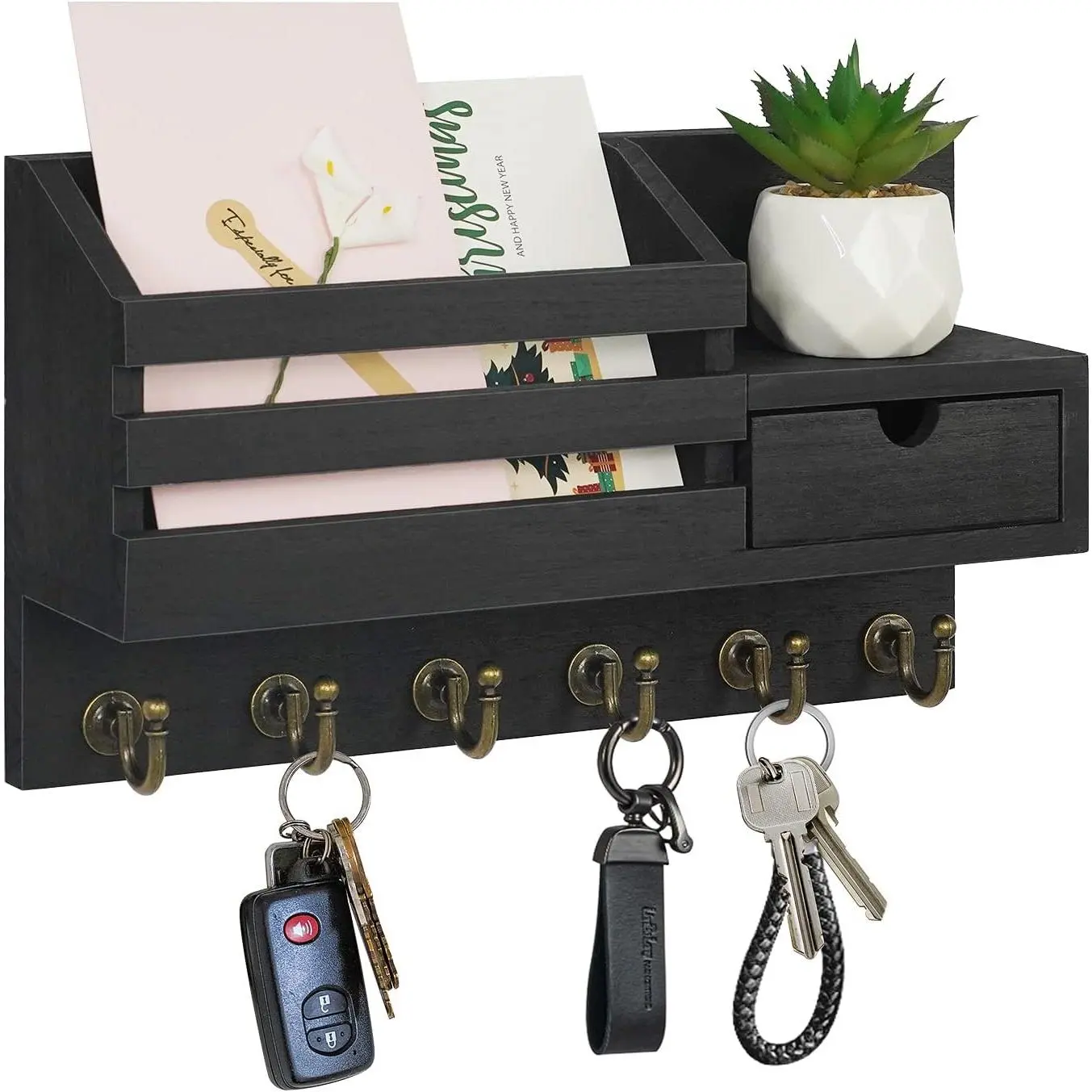 Wood Wall-Mounted Key and Mail Holder with Compact Shelves, Platform, 6 Hooks, Adjustable Storage Drawer, Easy Installation for Entryway Home Decor (A-Black)