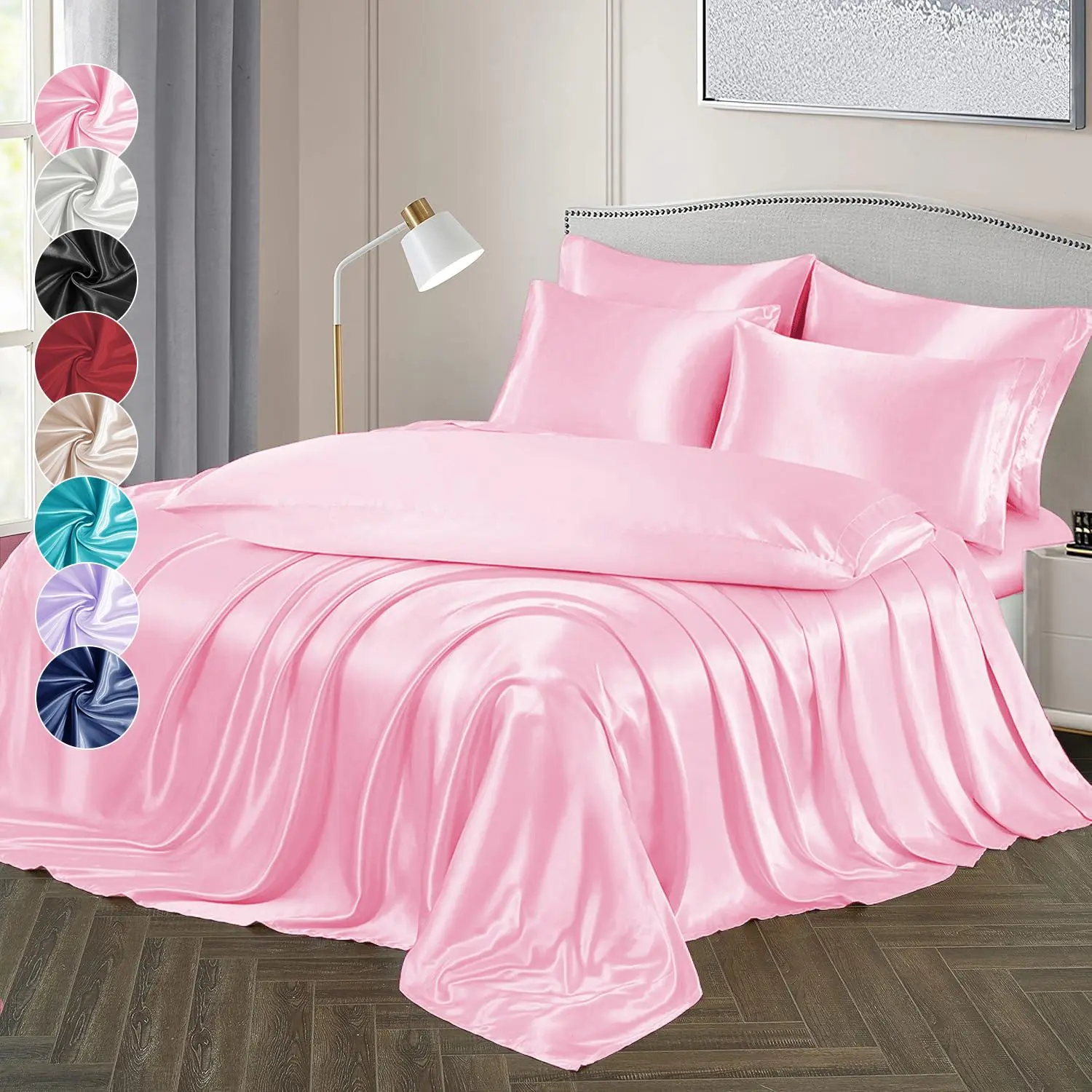 Solid Color Satin Bedding Set, 7 Counts/set Including 1 Fitted Sheet & 1 Flat Sheet & 4 Pillowcases & 1 Body Pillowcase, Bedding Supplies for Home Bedroom, Satin Bed Sheets, Bedsheet Sets