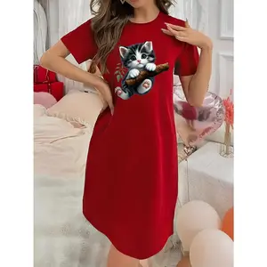 Soft Micro Stretch Women's Lingerie The adorable cat clinging to a tree branch Printed Short Sleeve Round Neck Nightgown Sexy Elegant Young Style Women's Christmas Dress Halloween Christmas Thanksgiving Gift Ideas