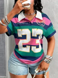Women's American College Style 23 Number Stripe Polo Shirt, Breathable Mesh Short Sleeve Top, Vintage Sporty Fitted T-Shirt, Summer Casual Wear