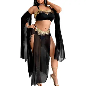 Plus Size Belly Dancer Outfit,Sheer High Slit Skirt Exotic Dancewear,4 Piece Sexy Rave Genie Costume Woman