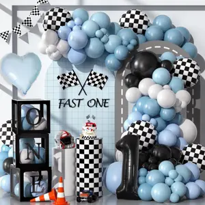 Race Car 1st Birthday Kit ONE Balloon Box, Checkered Arch & Number 1 Balloons for Boys Party