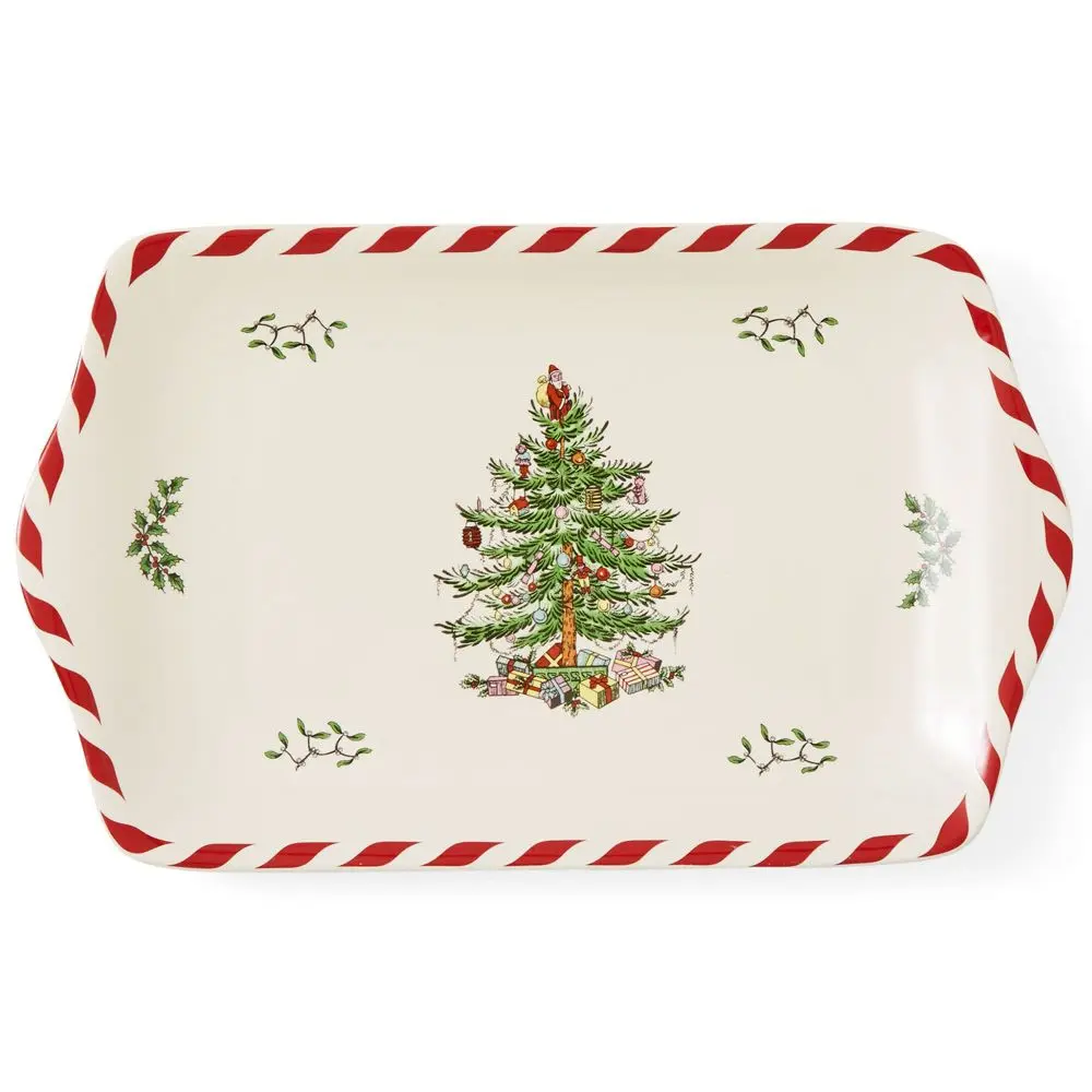 Spode Traditional Christmas Tree Multicolored Modern Rectangular Sturdy Porcelain Dessert Tray (12x7.25" in) - Festive Specialty Kitchen Serving Tray for Appetizers, Charcuterie