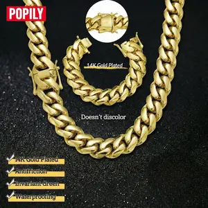 14K Gold-Plated Solid Cuban Chain Necklace and Bracelet Set Miami Inspired Style 8mm–22mm Fade-Resistant and Waterproof Hip-Hop Jewelry – Mother’s Day Gift