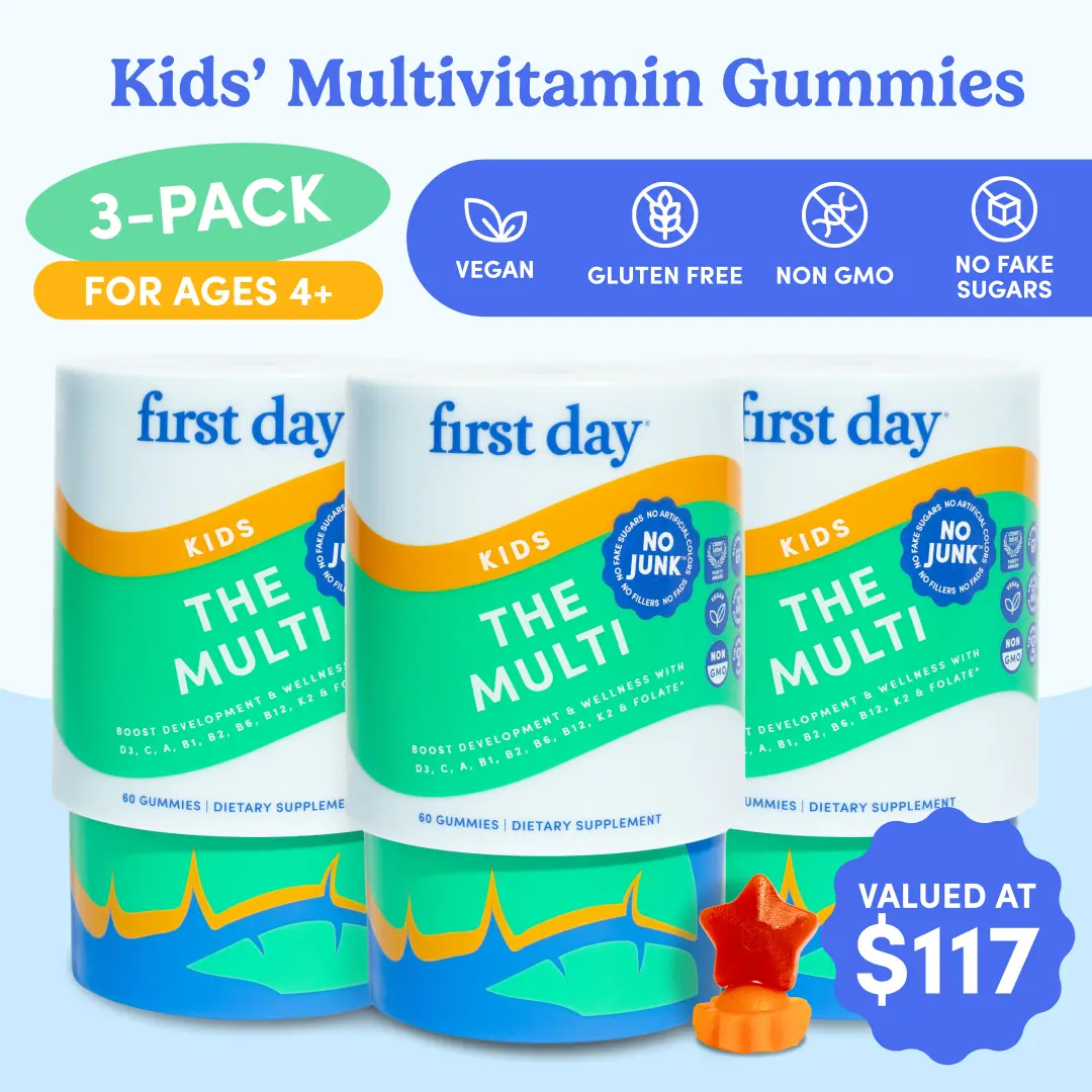 First Day Kids Multivitamin Gummies Ages 4-12 (3 Pack), Natural Strawberry Orange Flavor — 21 Organic Superfoods, 9 Key Nutrients, Vitamin C D3 B12 Folate — Immunity, Healthy Growth, Energy, Picky Eater Approved — 90-Day Supply, Vegan, Non-GMO, No Junk Gl