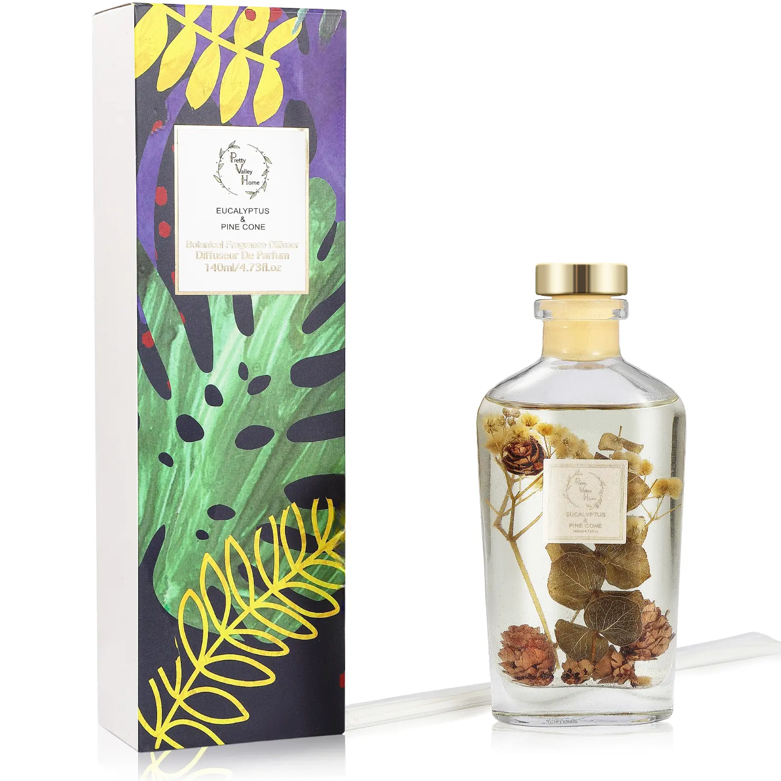 Pretty Valley Home-Reed Diffuser Set,Diffuser 140Ml / 4.73 fl OZ Gift Box - Includes Reed Diffuser Sticks, Long Lasting Fragrance Oil and Glass Bottle for Office Living Room Decor (Eucalyptus)