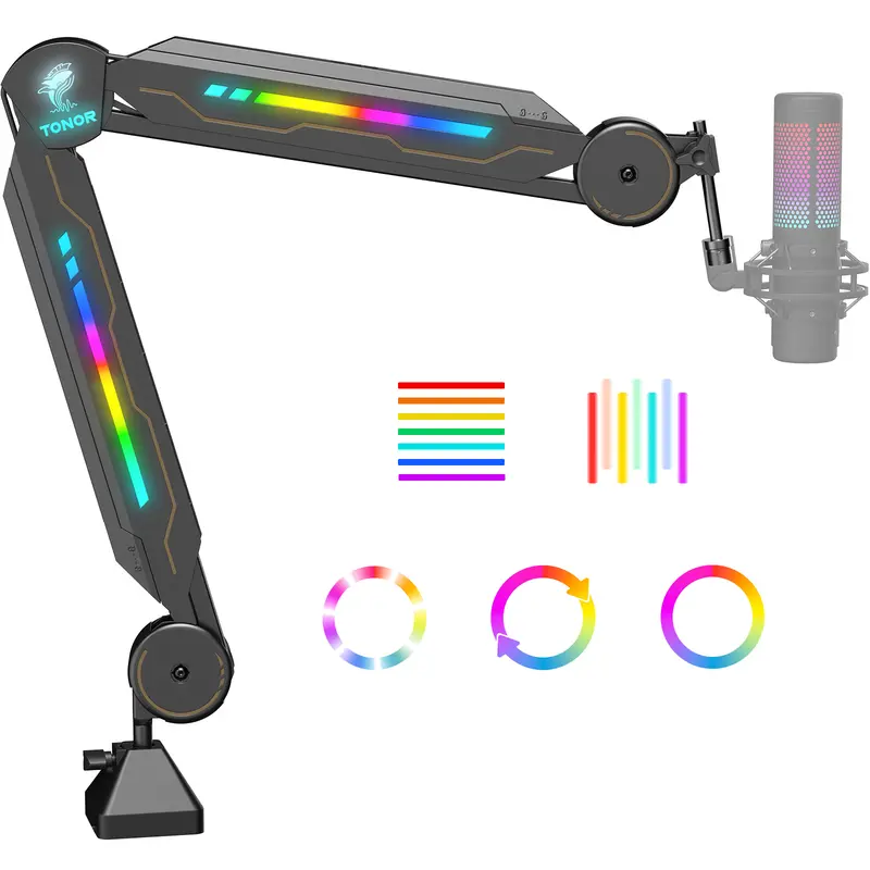 TONOR T90/T20S RGB Boom Arm Microphone Stand - 11 Dynamic Modes, Premium Steel Feels Solid and Stable, 7Color App Glow, Durable USB Cable, Windshield Foams, Hollyland Lark Compatible Accessories for ContentCreator, Gamers