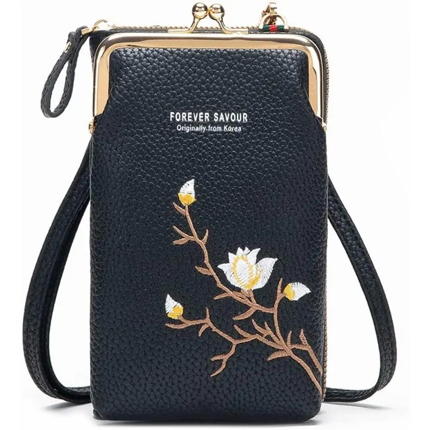 BIGWIG Women's Embroidered Crossbody & Shoulder Bag, PU Leather Phone Purse, Handle-free Adjustable Strap Bag with Card Slots, Crossbody Bags For Women