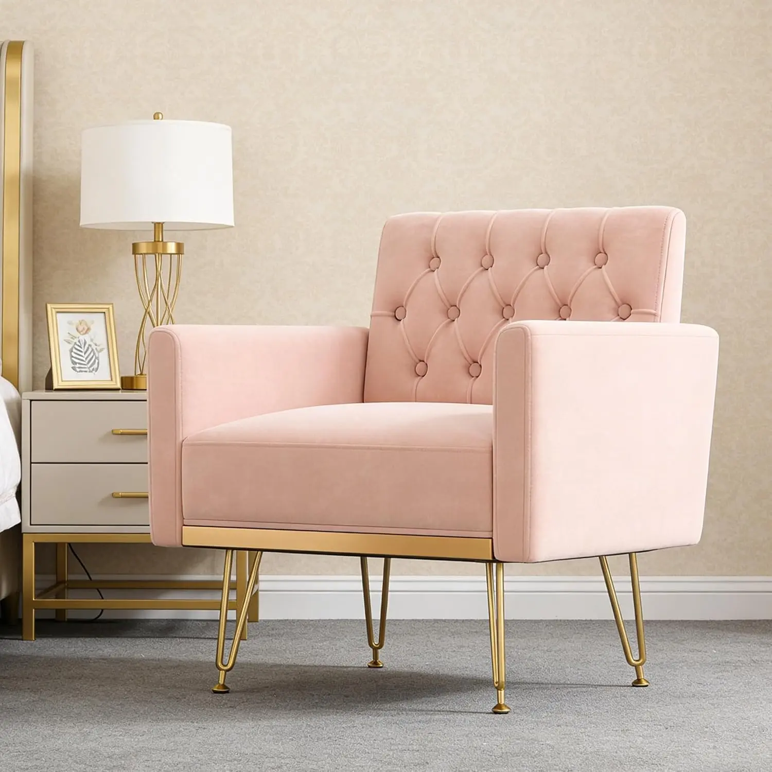 Accent Chair for Living Room, Comfy Oversized Velvet Upholstered Arm Chairs, Mid Century Modern Reading Single Sofa Side Chair with Tufted Back and Gold Legs for Bedroom (Pink), Cozy Leisure Chair