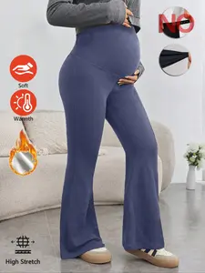 Women's Winter High Waist Flare Pants, Thickened Warm Maternity Wear, Comfortable Daily Casual Trousers, Supportive Belly Design, Maternity Outfits