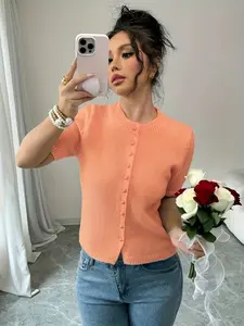 Women's Short Sleeve Knit Cardigan, Light Round Neck Button Sweater Top, Spring Summer Slim Fit Casual Soft Ribbed Knitwear