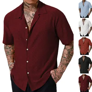 Men’s summer shirt with eyelet embroidery and a turn-down collar; short-sleeve casual summer top; men’s jacquard American vintage solid-color short-sleeve top—fashionable and versatile for everyday wear.