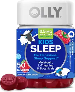 OLLY Kids Sleep Gummy, Occasional Sleep Support, 0.5mg Melatonin, L Theanine, Chamomile, and Lemon Balm, Childrens Chewable Supplement, Raspberry - 50 Count Fitness Dietary
