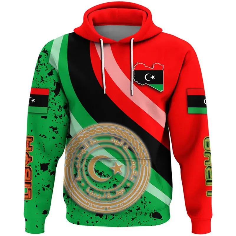 Harajuku 3D State Of Libya National Flag Printing Hoodies Ethnic Libya Emblem Graphic Hooded Sweatshirts Cool Mens Clothing Tops
