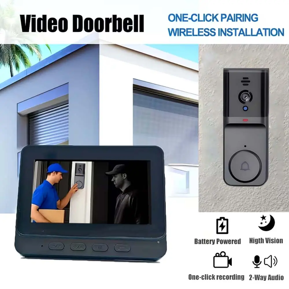 Smart wireless doorbell with a 120° fisheye lens and indoor monitor (4.3-inch screen), two-way intercom, photo and video functions, night vision, 2.4G technology, no app required, suitable for indoor and outdoor use.