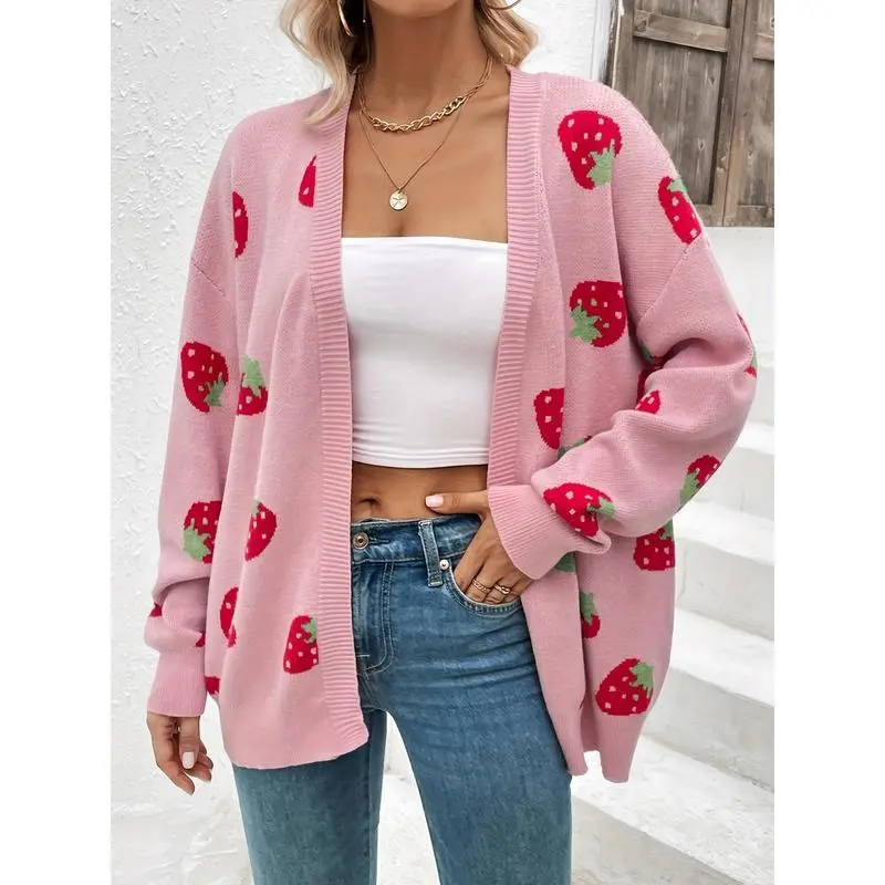 Women's Knitting Casual Wear Cardigan Top - New Strawberry Pattern, Elegant Long Sleeve, Comfortable Cut, Synthetic Fabric, Spring-Autumn Sports & Outdoor Wear, Collar Design Compatible with Raincoats