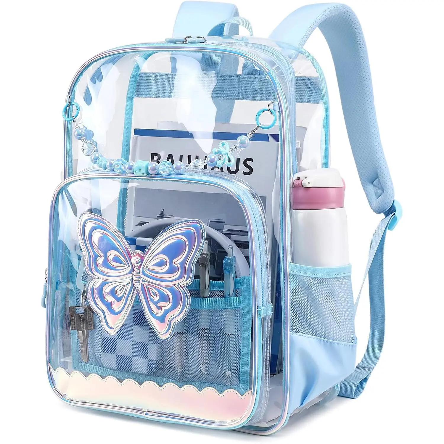 Clear Backpack, Clear Bookbag for School PVC Heavy Duty Transparent Backpack for Girls, Blue Butterfly