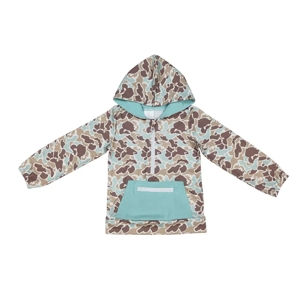 BT0751 Boys' Camouflage Hooded Long-Sleeved Pullover Top - Zipper Pocket, Element Protection, Hand-Warming, Versatile for Daily & Outdoor Use, Keeps Hands Warm, Versatile For Daily & Outdoor Occasions, Basic, Zip, Pocket Zipper, Hooded Neck, Cozy Hood War