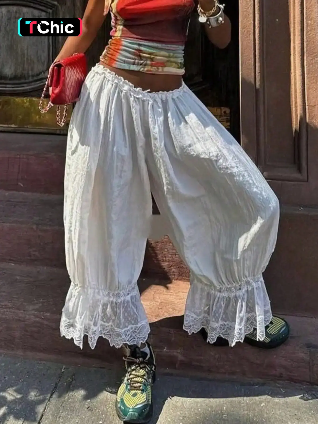 Women's Linen Bottom Pants, Bohemian Style Aesthetic Loose Fit, Lace Trim Floral Details Elastic Waistband Beach Casual Summer Vacation Wear
