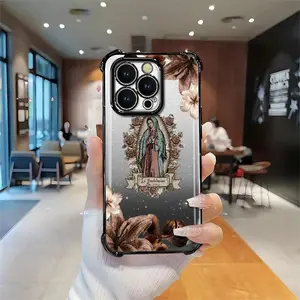 Our Lady of Guadalupe Rose Smartphone Case for iPhone 15 Pro, Catholic Faith Shockproof Cellphone Casing, Coquette Christian Aesthetic Handheld Accessory with Clover Lanyard, Perfect Gift for Her