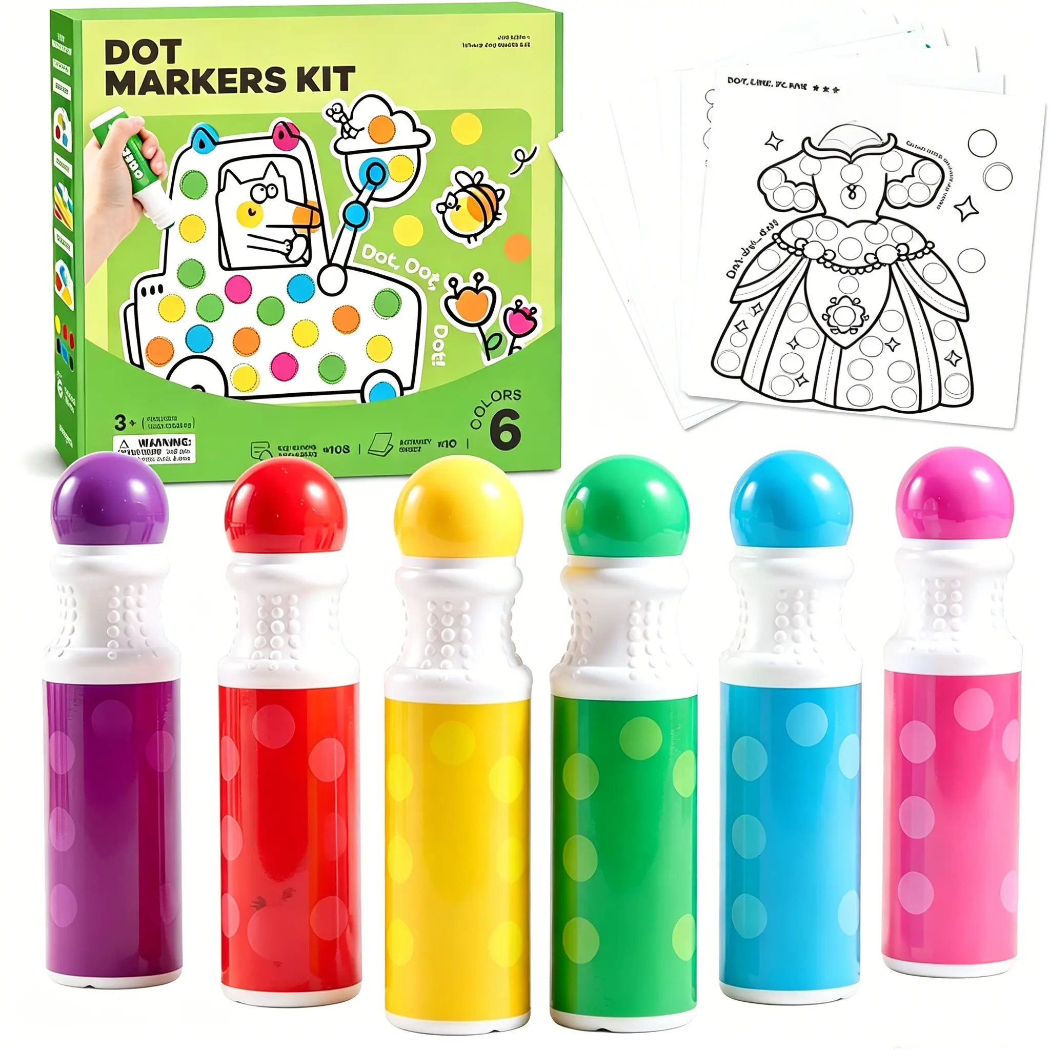 Washable Dot Markers for Toddlers, 6 pc Dot Paints with 120 Printed PDF & 10 Activity Papers, Non-Toxic Bingo Markers for Kids Arts and Crafts Gifts