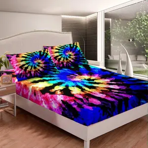 Feelyou Boho-Style Tie-Dye Fitted Sheet Set, Psychedelic Rainbow Bedding, Trippy Gypsy Bed Cover, Available in Twin, Full, Queen Sizes, Tie-Dye Pattern