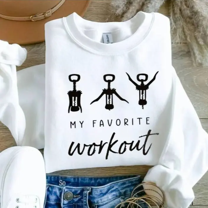 Funny Wine Sweatshirt, My Favorite Workout Pullover, Corkscrew Graphic Crewneck for Wine Lovers, Gift for Her