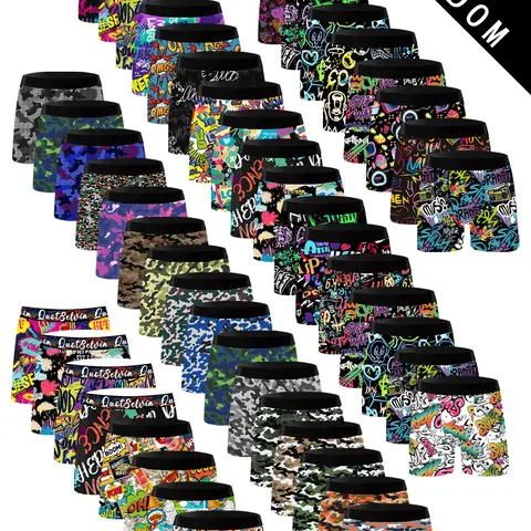 10 Randomly Selected Men's Underwear and Swim Shorts with Colorful Art Prints, Ideal for Daily and Beach Wear, Tight-Fitting Casual Style Clothing, Swimming Clothes