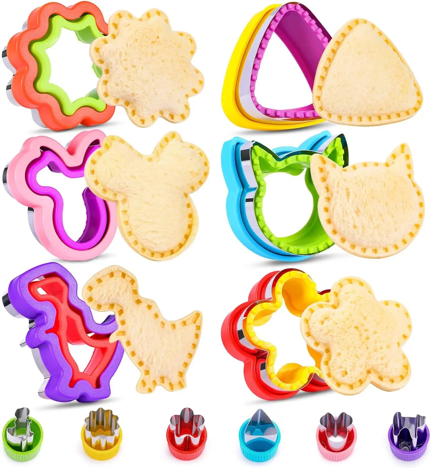 12-Pack Stainless Steel Sandwich Cutter and Sealer Set - Uncrustables Maker, Bread Decruster, DIY Cookie Stamps, Fruit Shaper - Sturdy Colorful Kitchenware for Kids' School Lunch, Back to School Dinosaur Themed Baking Supplies Kit, Bakeware