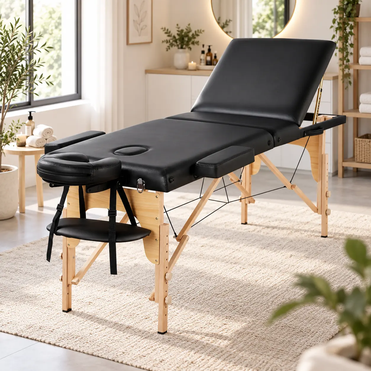 Costoffs Sturdy Wood Foam Massage Bed - Commercial Salon Equipment, Tool-Free Set, 2-3 Section Foldable Spa Table with Faux Leather, Headrest, 2 Armrests, Adjustable Height, Portable Hand Pallet, Storage, Folding Legs for Eyelash Technicians, Salon Furnit