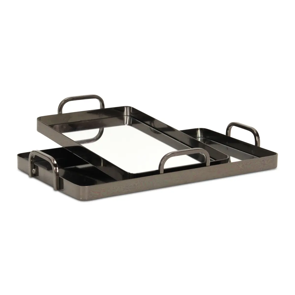 Cheungs 6096-2PW Nuvelle Small 100% Handmade Artisan Plates Rectangular Mirrored Metal Nested Set of 2, Pewter, Fully Assembled, 7 lbs Indoor Room Decor House Decor Display Tray Plates Tableware, Classic