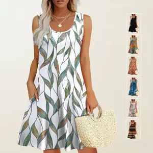 Womens Summer Dresses Loose U Neck Sleeveless Sundresses Dress with Pockets Casual Boho Print Swing T-Shirt Dress for Beach Vacation