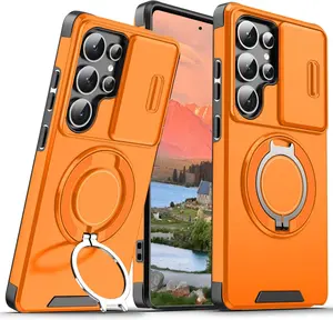[Free!!Ship!] Slide Camera Lens Protective Case for Samsung Galaxy S25 Ultra S24 S23 S22 S21 Mag Safe 360 Degree Ring Kickstand Shockproof Phone Cover