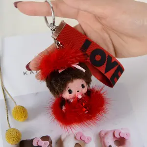 New Creative Mink Fur Monchhichi Keychain Plush Toy Car Pendant Cartoon Doll Ribbon