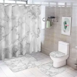 Marble Pattern Bathroom & Restroom Accessories, Shower Curtain Set For Bathroom, 4 Counts/set Including 1 Shower Curtain with 12 Hooks & 1 Toilet Lid Cover & 1 Rectangular Mat & 1 U-shaped Mat, Shower Curtain Sets