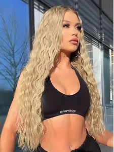 Blonde with Brown Root Synthetic Lace Front Wigs Deep Curly Natural Density Wigs Preplucked Hairline Wig 13x4 HD Transparent Lace Wig Deep Wave Lace Frontal Wigs for Party Daily Christmas Halloween No Need For Extra Curling Or Heat Styling 28 Inch