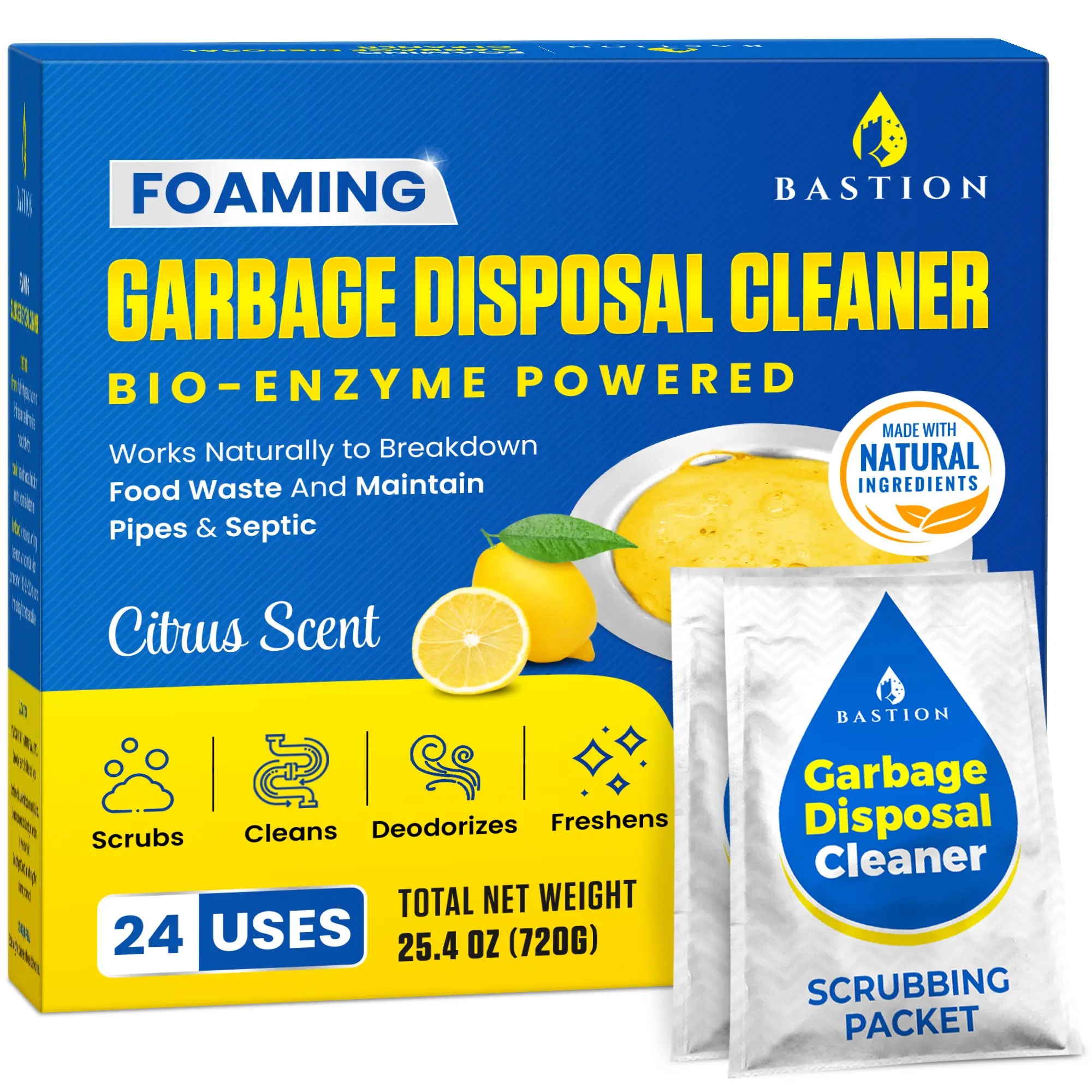 Bastion Foaming Garbage Disposal Cleaner 24-Pack Lemon Biodegradable Enzyme Activated for Continued Cleanliness Eliminate Foul Stench Bio-Enzyme Powered